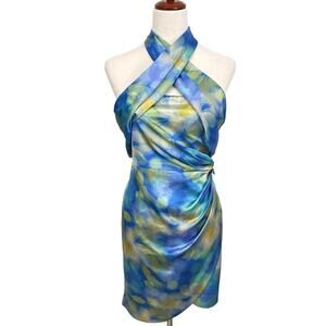 Belle Badgley Mischka Lexi Halter Twist Front Wrap Mini Dress Women’s 10 Blue